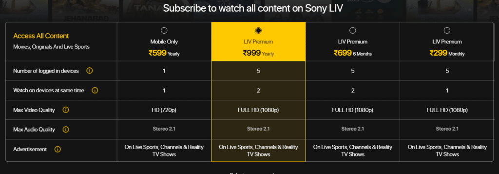 Sony Live subscription plan