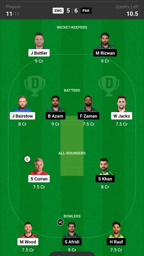 ENG vs PAK Dream11 Team