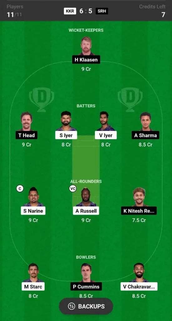 KKR vs SRH Dream11 Team