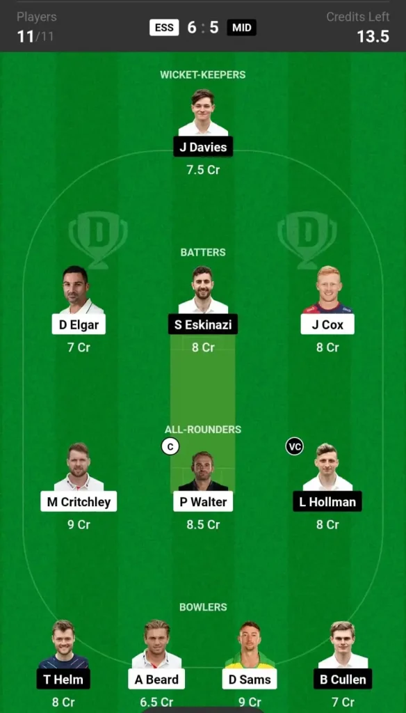 ESS vs MID Dream11 Team