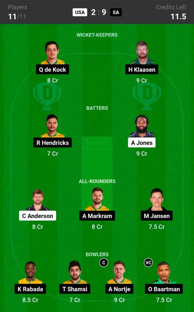 USA vs SA Dream11 GL Team