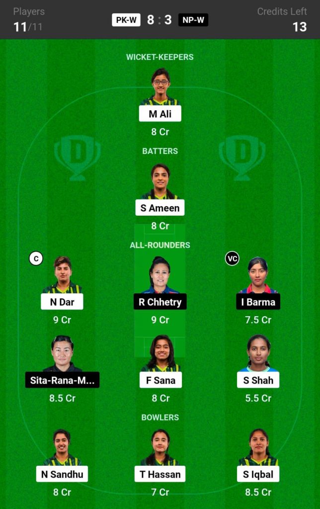 PK-W vs NP-W Dream11 Team